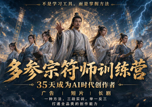 多参宗符师训练营,35天成为AI时代创作者,广告|短片|长剧,一种方法,三段实训,举一反三,打通全品类的创作能力