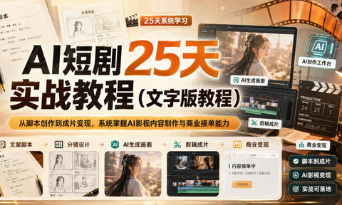 AI短剧25天实战教程(文字版教程),从脚本创作到成片变现,系统掌握AI影视内容制作与商业接单能力