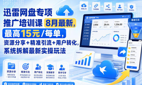 迅雷网盘专项推广培训课8月最新,最高15米/每单,资源分享+精准引流+用户转化,系统拆解最新实操玩法(更新0903)