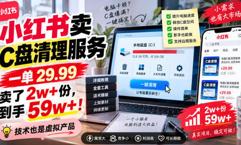 小红书卖C盘清理服务,一单29.99,卖了2w+份,技术也是虚拟产品