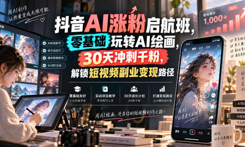 抖音AI涨粉启航班,零基础玩转AI绘画,30天冲刺千粉,解锁短视频副业变现路径