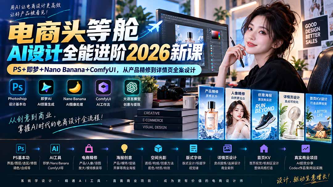 电商头等舱AI设计全能进阶2026新课：PS+即梦+Nano Banana+ComfyUI，从产品精修到详情页全案设计