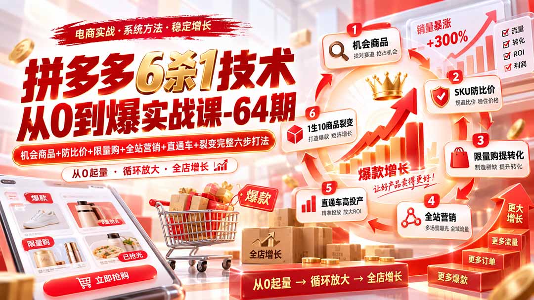 拼多多6杀1技术从0到爆实战课-64期：机会商品+防比价+限量购+全站营销+直通车+裂变完整六步打法