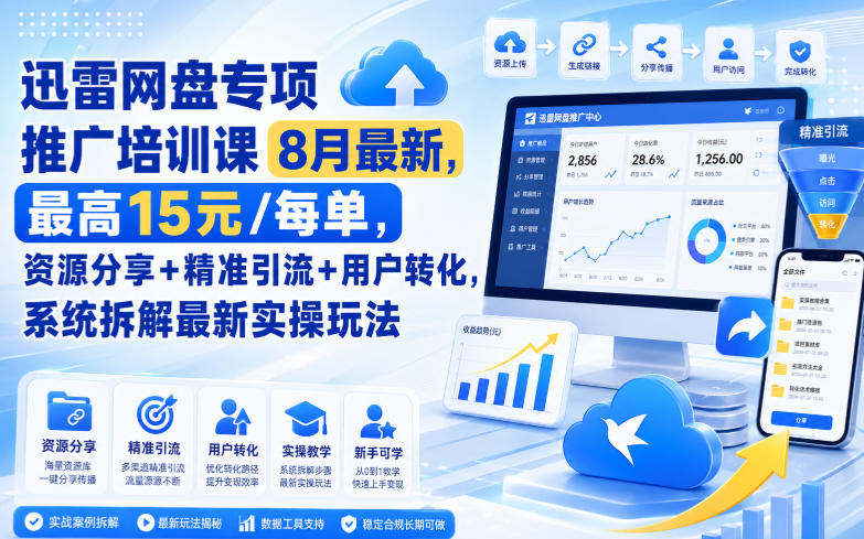迅雷网盘专项推广培训课9月最新，最高15米/每单，资源分享+精准引流+用户转化，系统拆解最新实操玩法（更新0909）