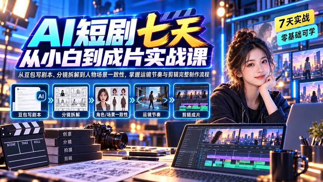 AI短剧七天从小白到成片实战课:从豆包写剧本、分镜拆解到人物场景一致性,掌握运镜节奏与剪辑完整制作流程