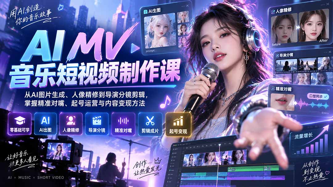 AI MV音乐短视频制作课:从AI图片生成、人像精修到导演分镜剪辑,掌握精准对嘴、起号运营与内容变现方法