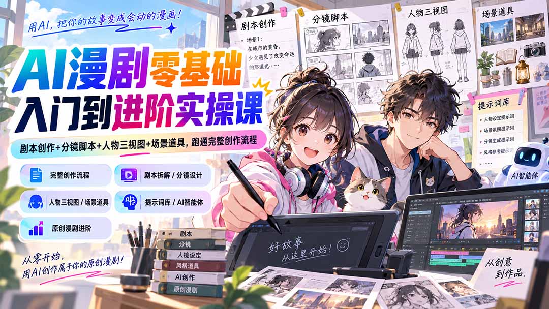 AI漫剧零基础入门到进阶实操课:剧本创作+分镜脚本+人物三视图+场景道具,跑通完整创作流程