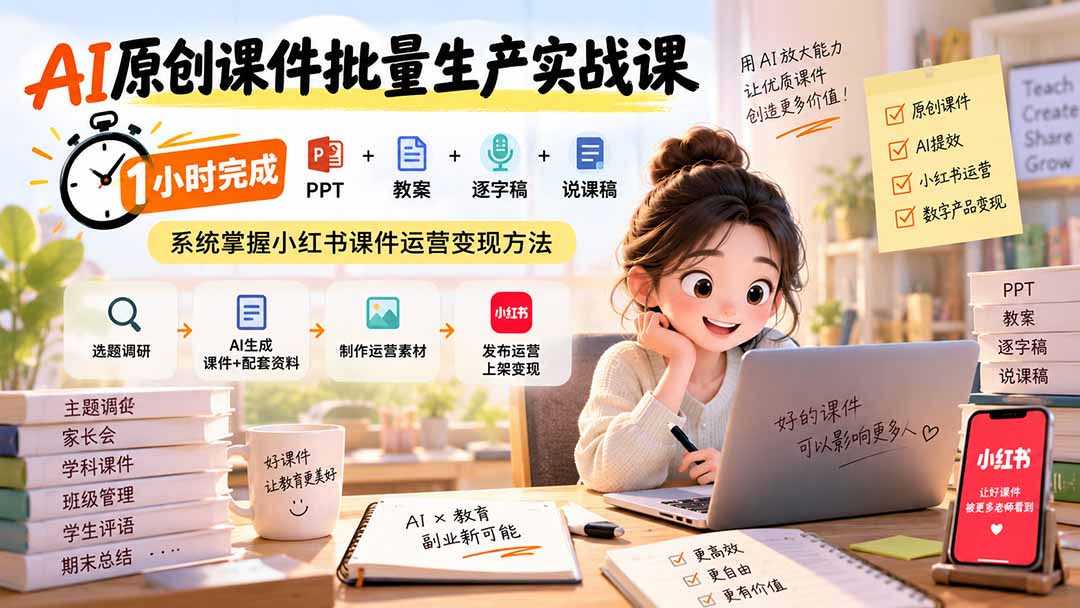 AI原创课件批量生产实战课:1小时完成PPT+教案+逐字稿+说课稿,系统掌握小红书课件运营变现方法