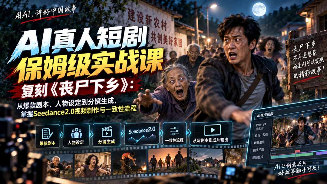 AI真人短剧保姆级实战课，复刻《丧尸下乡》：从爆款剧本、人物设定到分镜生成，掌握Seedance2.0视频制作与一致性流程