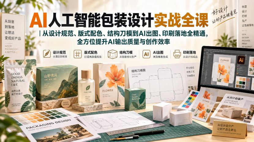 AI人工智能包装设计实战全课｜从设计规范、版式配色、结构刀模到AI出图、印刷落地全精通