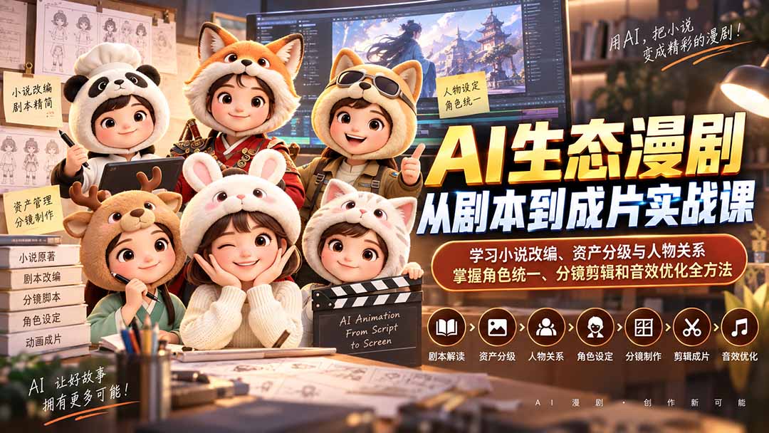AI生态漫剧从剧本到成片实战课：学习小说改编、资产分级与人物关系，掌握角色统一、分镜剪辑和音效优化全方法
