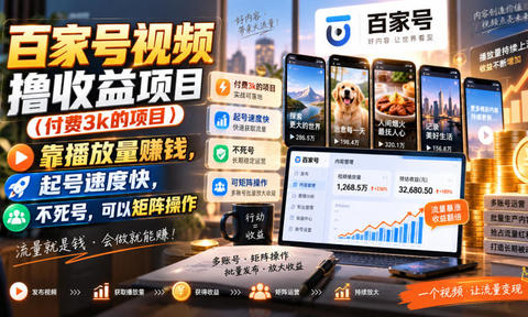 百家号视频撸收益项目(付费3k的项目),靠播放量賺钱,起号速度快,不死号,可以矩阵操作
