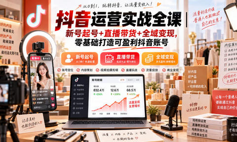 抖音运营实战全课|新号起号+直播带货+全域变现,零基础打造可盈利抖音账号