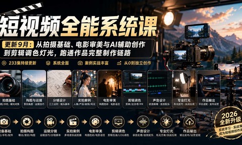 短视频全能系统课-9月完整版:从拍摄基础、电影审美与AI辅助创作到剪辑调色灯光,跑通作品完整制作链路