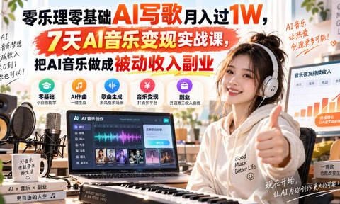 零乐理零基础AI写歌月入过1W,7天AI音乐变现实战课,把AI音乐做成被动收入副业