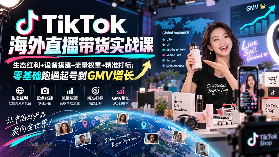 TikTok海外直播带货实战课|生态红利+设备搭建+流量权重+精准打标,零基础跑通起号到GMV增长