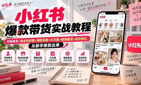 小红书爆款带货实战教程|对标账号+高点击封面+爆款标题+AI文案+精准截流+成交转化,从新手做到出单