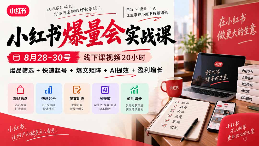 小红书爆量会实战课-更新9月17:线下课视频20小时,爆品筛选+快速起号+爆文矩阵+AI提效+盈利增长