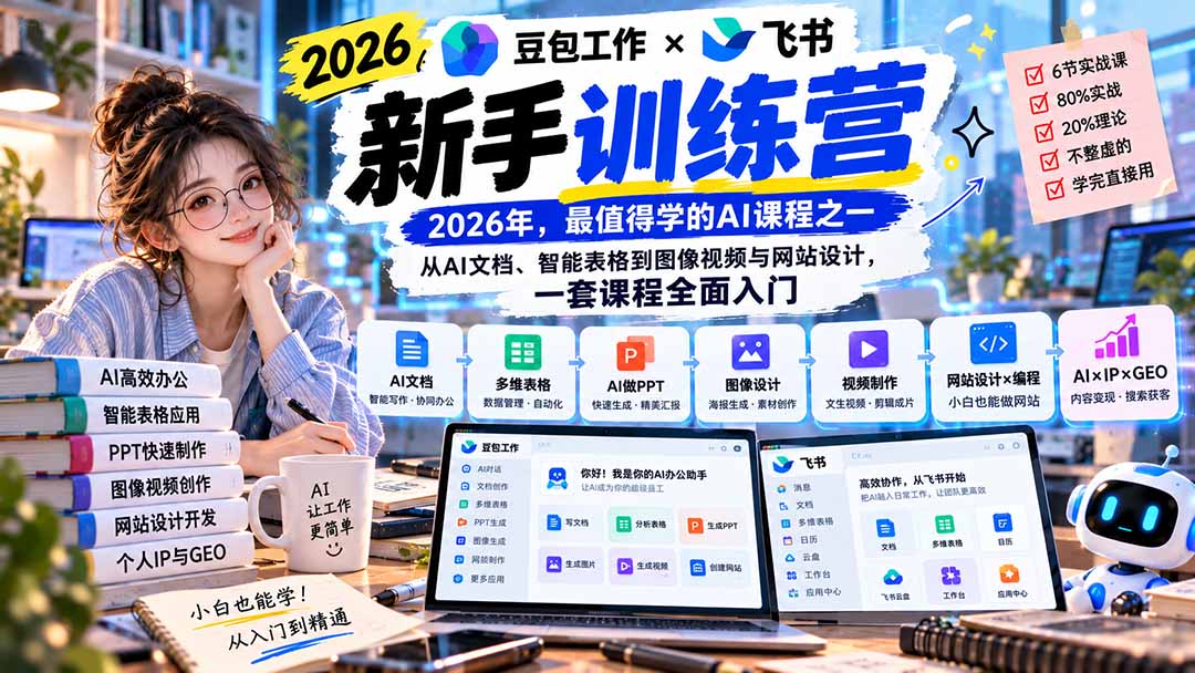 2026豆包工作+飞书新手训练营-9月新课:从AI文档、智能表格到图像视频与网站设计,一套课程全面入门