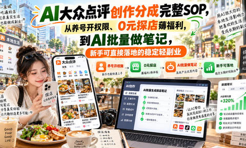 【无水印】AI大众点评创作分成完整SOP,从养号开权限、0元探店薅福利,到AI批量做笔记,新手可直接落地的稳定轻副业