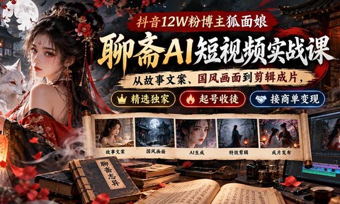 抖音12W粉博主狐面娘-聊斋AI短视频实战课:从故事文案、国风画面到剪辑成片,精选独家+起号收徒+接商单变现