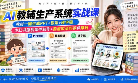 AI教辅生产系统实战课-更新0926|教材一键生成PPT+教案+逐字稿,小红书原创课件制作+卖虚拟资料课件赚钱