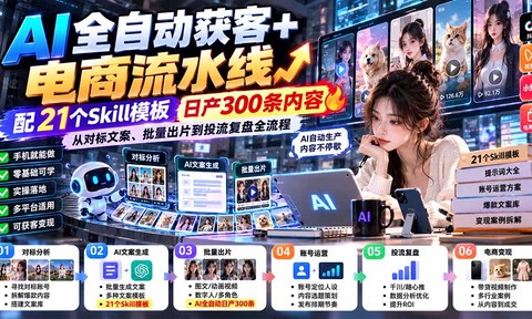 【无水印】AI全自动获客+电商流水线:配21个Skill模板,日产300条内容,从对标文案、批量出片到投流复盘全流程