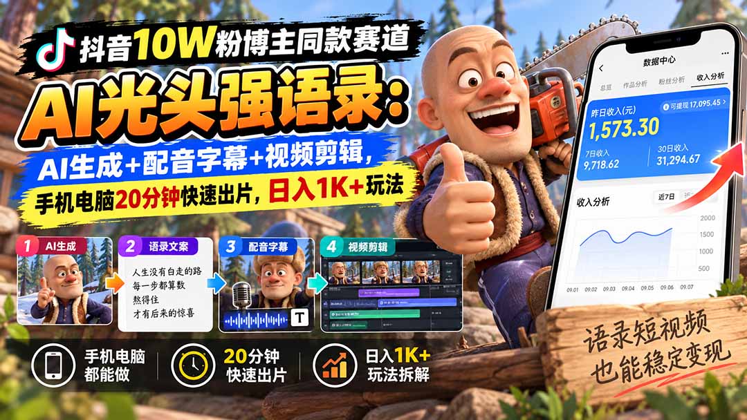 【无水印】抖音10W粉博主同款赛道AI光头强语录：AI生成+配音字幕+视频剪辑，手机电脑20分钟快速出片，日入1K+玩法