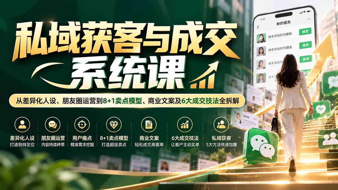 私域获客与成交系统课:从差异化人设、朋友圈运营到8+1卖点模型、商业文案及6大成交技法全拆解