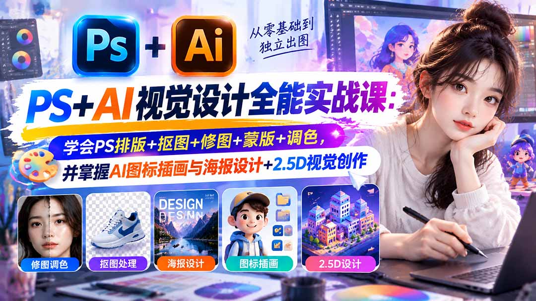 【无水印】PS+AI视觉设计全能实战课：学会PS排版+抠图+修图+蒙版+调色，并掌握AI图标插画与海报设计+2.5D视觉创作