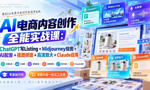 【无水印】AI电商内容创作全能实战课:ChatGPT写Listing+Midjourney绘图+AI配音+抠图修图+高清放大+Claude应用