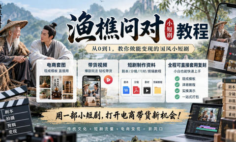 渔樵问对小短剧教程,包含电商套图、带货视频,短剧制作资料,全程可直接套用复刻